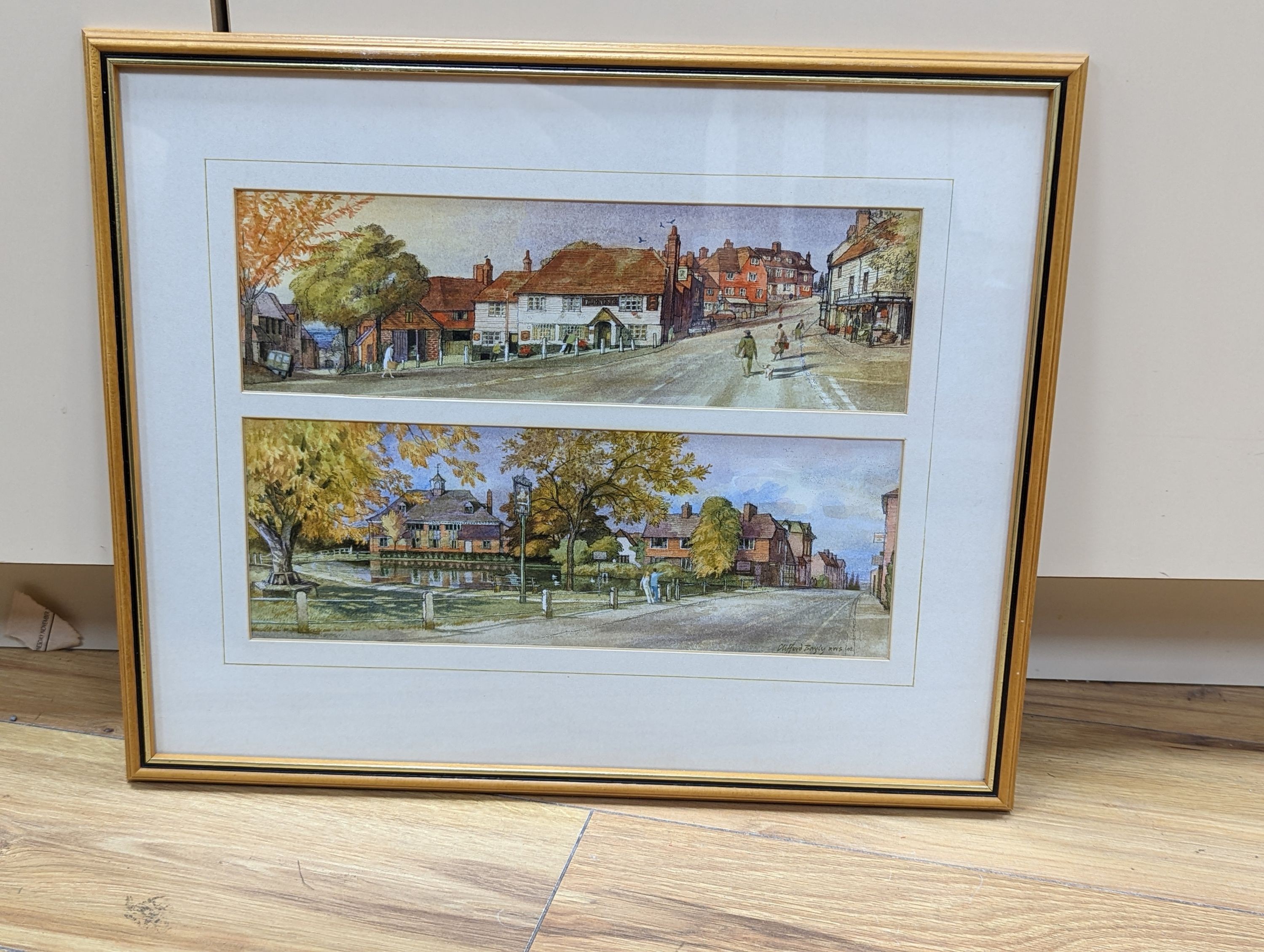 Clifford Bayly, R.W.S., (b.1927), two ink and watercolours, 'The Vine Public House' and 'Duck pond, Goudhurst, Kent', one signed and dated '02, framed as one, overall 21 x 30cm